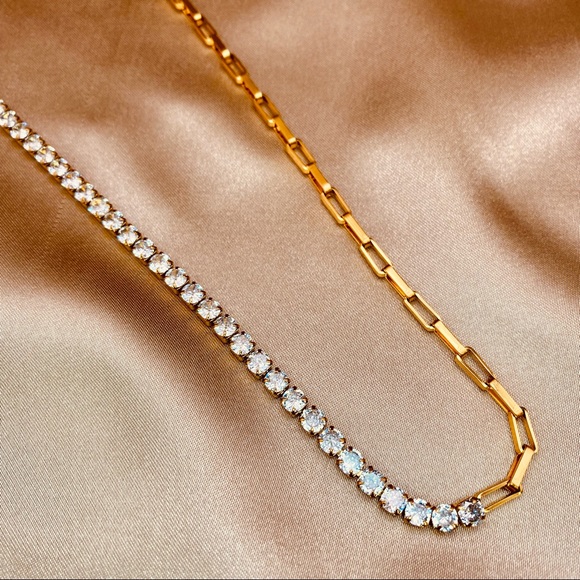 Luzy Jewelry Jewelry - 18K Gold Half Diamonds Tennis Chain Round CZ  & Half Clip Link Necklace Chain